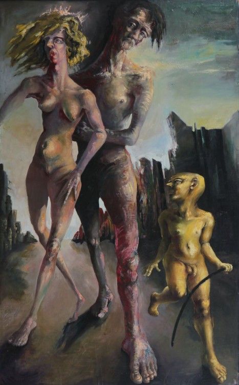 Das Gemälde von Thomas Gatzemeier Paar mit Cupido ist eine malerische Persiflage auf den Antrag auf Ausreise aus der DDR. Ein nacktes Paar wird von einem goldenen Engel in die bessere Welt geführt.