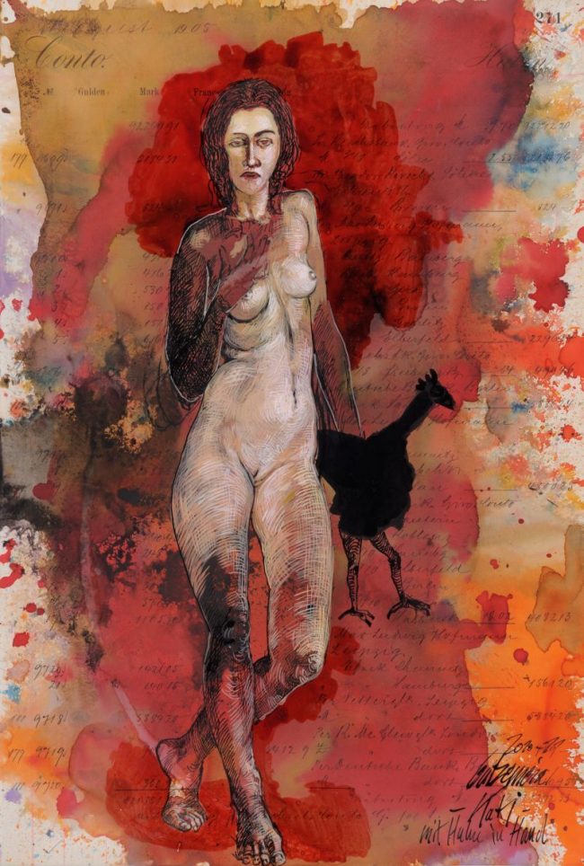 Kathi mit Huhn in der Hand 2010-11 Mischtechnik 48,5 x 32,5 cm