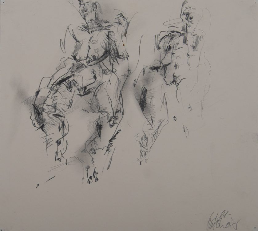 Zwei Frauen in Rage 1987 Blei auf Papier 26 x 29,5 cm