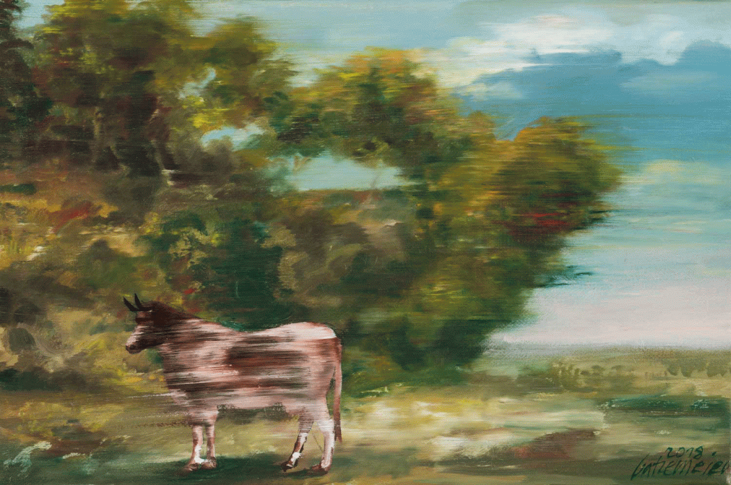 Thomas Gatzemeier | Kuh in einer Böcklinschen Landschaft 2018 Öl-auf-Leinwand-20-x-30-cm
