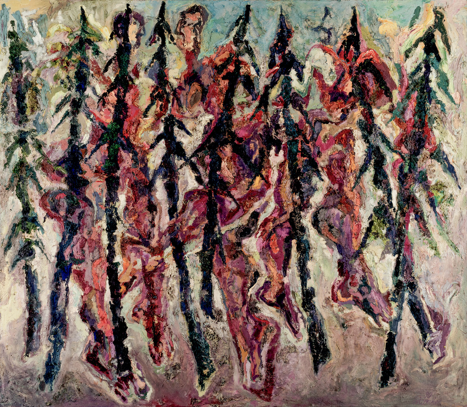 Thomas Gatzemeier Waldstück mit Personal 1990 Öl auf Leinwand 190 x 220 cm