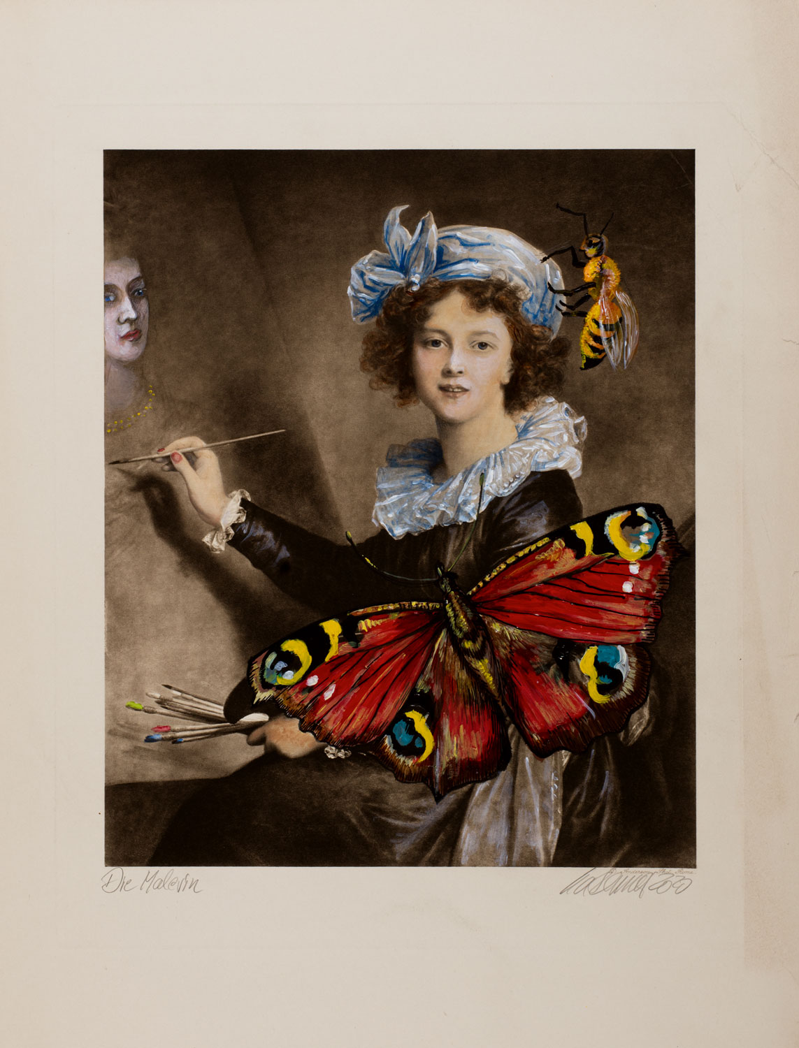 Thomas Gatzemeier die Malerin zeigt ein Porträt mit großem Schmetterling und einer Biene