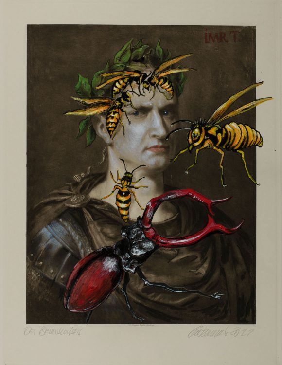 Die Malereicollage von Thomas-Gatzemeier Der Bienenkaiser zeigt ein Gemälde von Rubens, Kaiser Augustus mit überdimensionalen Insekten