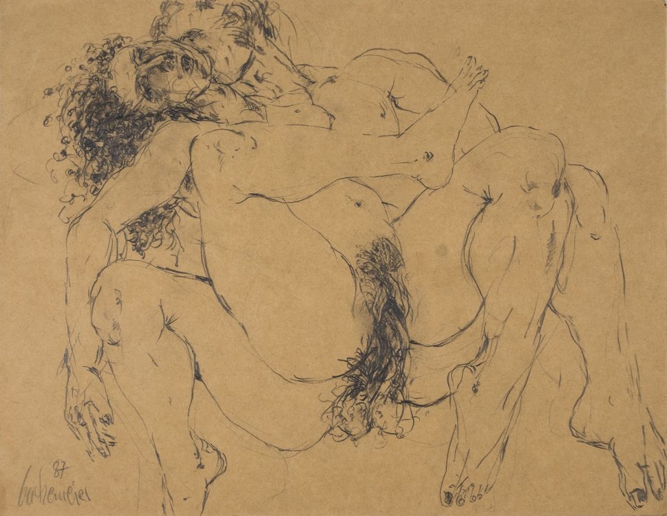 Thomas Gatzemeier Dabei 1987 Bleistiftzeichnung auf Papier ist eine der seltenen explizit erotischen Bilder von Thomas Gatzemeier. Gezeigt wird ein Paar beim Geschlechtsverkehr in expressiver Form.