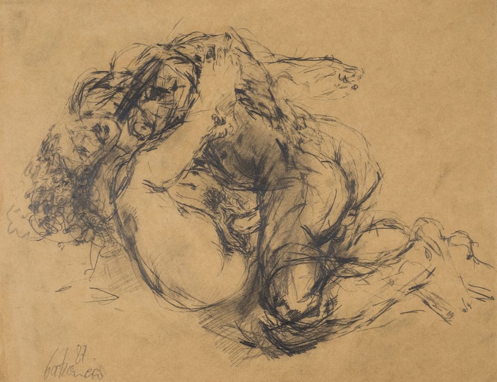 Thomas Gatzemeier Umarmung 1987 ist eine deutlich erotisch und sexuell aufgeladene Zeichnung des Künstlers. Die Zeichnung eines Geschlechtsaktes ist im Detail ausgeführt und doch expressiv.
