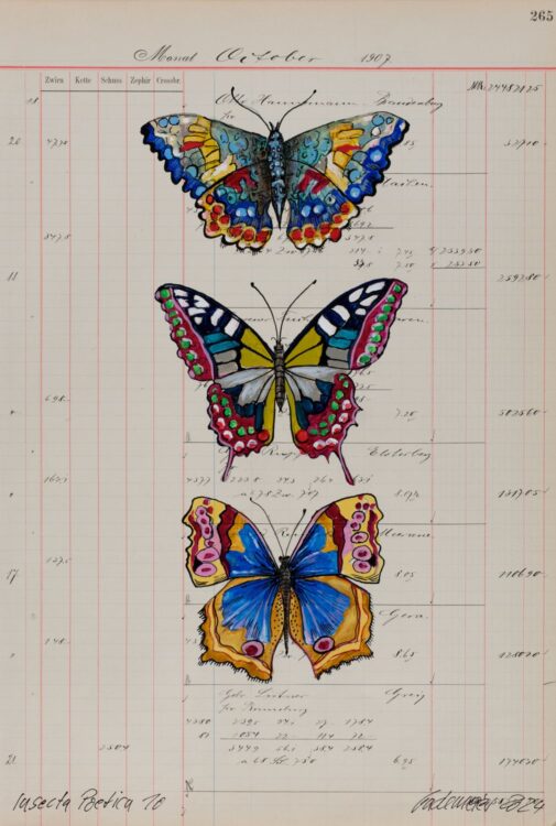 Die Arbeit Thomas Gatzemeier mit dem Titel Insecta Poetica gehört zu dem Zyklus Sammelsurium und stellt drei Schmetterlinge auf Kontopapier dar. Diese sind in naturalistischer Art auf Kontopapier aus dem Jahr 1907 gemalt.