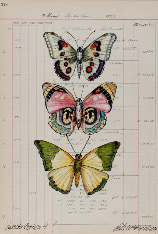 Thomas Gatzemeier malte unter dem Titel Insecta Poetica 4 ein Blatt mit Schmetterlingen auf Kontopapier aus dem Jahr 1907 in der Form des Palimpsest. Diese farbigen Schmetterlinge gehören zum Zyklus Sammelsurium, an dem der Künstler schon seit einigen Jahren arbeitet.