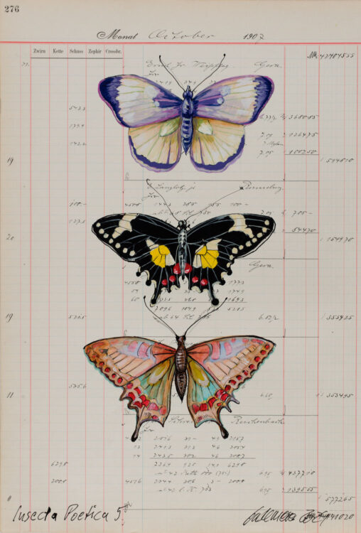 Die Arbeit von Thomas Gatzemeier Insecta Poetica 5 ist aus dem Zyklus Sammelsurium und umfasst 10 Arbeiten des gleichen Titels. Auf diesen übermalten Kontoblättern aus 1907 sind jeweils drei Schmetterlinge in naturalistischer Manier gemalt.