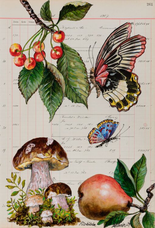 Das Kunstwerk von Thomas Gatzemeier mit dem Titel Pilzkirsche zeigt Kirschen, Pilze und eine Birne sowie einige Schmetterlinge. Es ist auf altem Kontopapier aus dem Jahr 1907 gemalt und gehört zu dem Zyklus Sammelsurium.